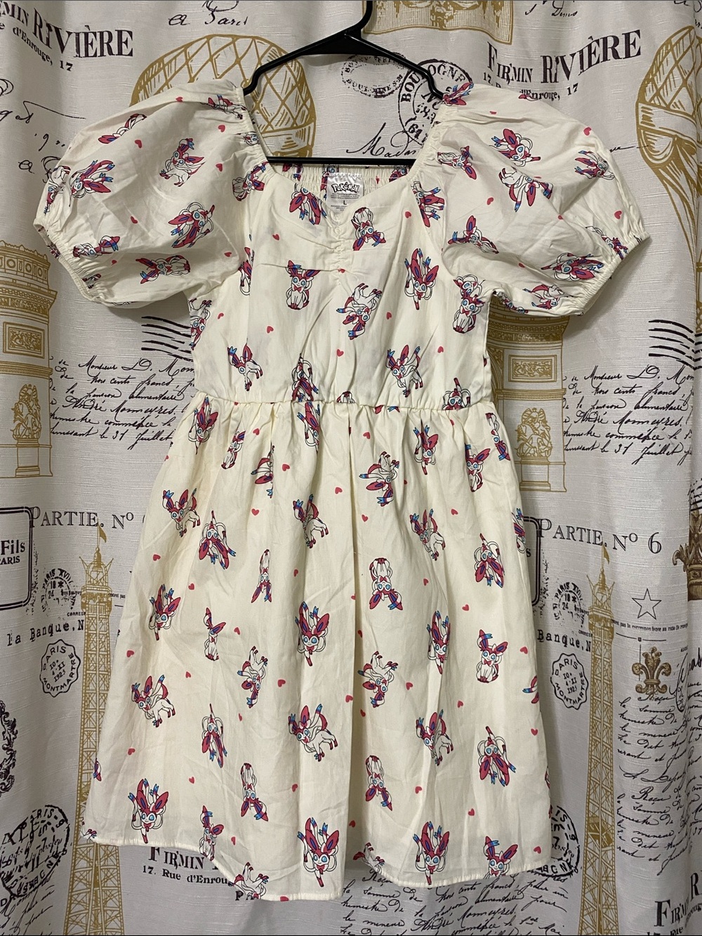 Pokemon Sylveon Dress Girls Size L w/ Elastic Puff Sleeves Lined & Smocked